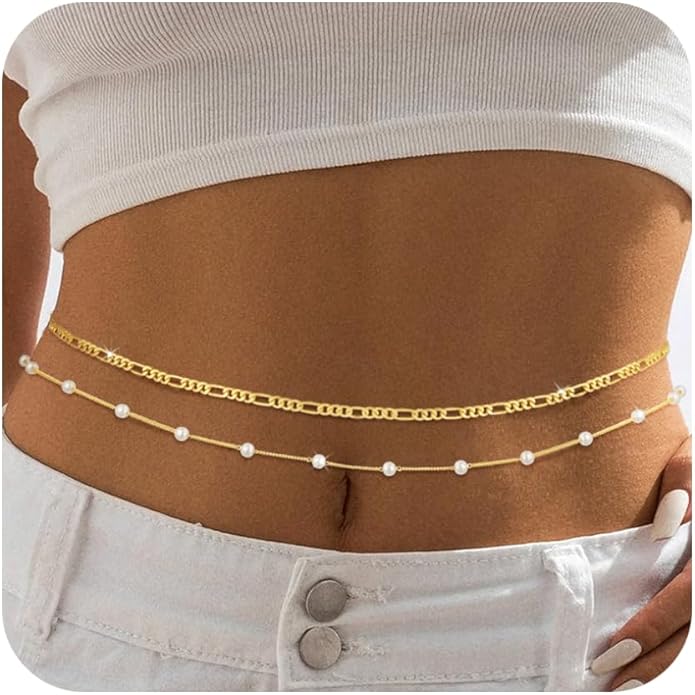 BERISO 14K Gold Plated Body Chain for Women - Sexy Waist Beads Chain, Adjustable Beach Body Jewelry, Elegant Bikini Belly Chain, Boho Festival Layered Body Jewelry (26.5-33 Inch)