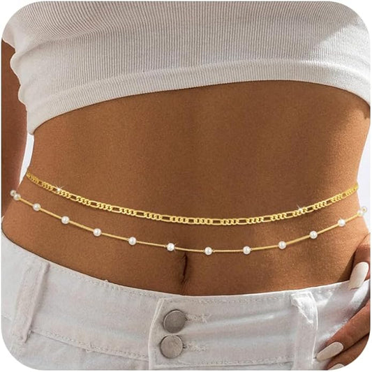 BERISO 14K Gold Plated Body Chain for Women - Sexy Waist Beads Chain, Adjustable Beach Body Jewelry, Elegant Bikini Belly Chain, Boho Festival Layered Body Jewelry (26.5-33 Inch)