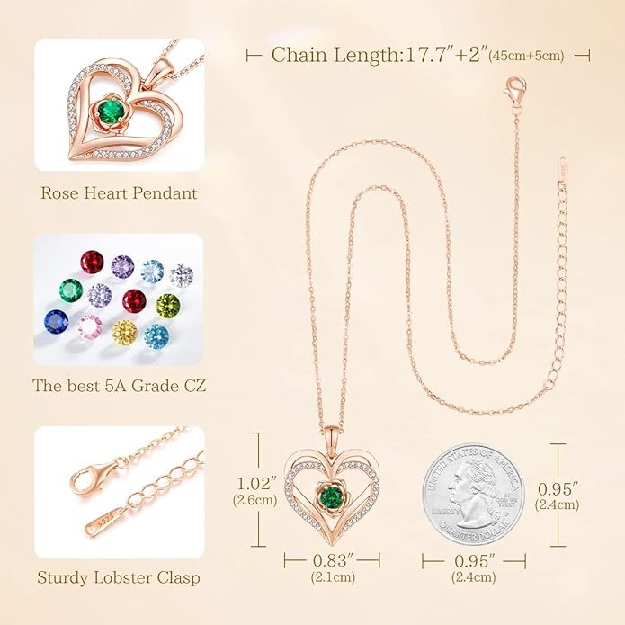 CDE S925 Silver Rose Gold Heart Birthstone Necklaces for Women，Ideal Anniversary or Birthday Jewelry Gifts for Wife Girlfriend Her