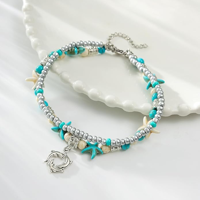 Starain Blue Turtle Anklets for Women Multilayer Beads Handmade Beach Ankle Bracelet Set Boho Foot Jewelry
