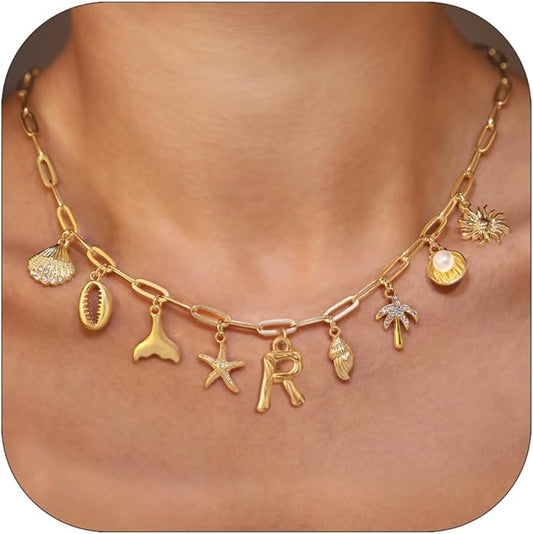 Initial Charm Necklace For Women Shell Letter Necklaces Gold Charms Pendant Boho Summer Seashell Beach 14k Starfish Surfer Jewelry Gifts