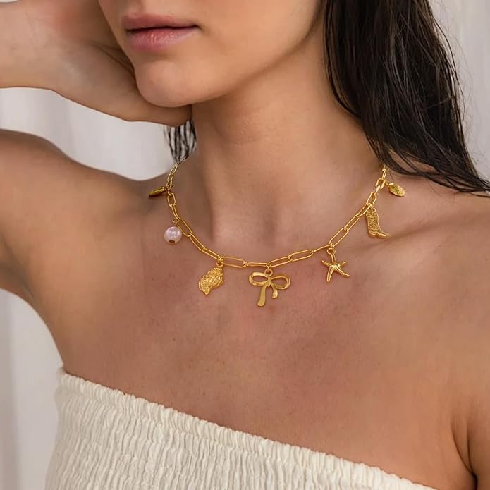 Gold Plated Paperclip Chain Beach Charm Necklace for Women Cute Shell Bow Dainty Beachy Starfish Pearl Seashell Strawberry Fruit Heart Mermaid Summer Jewelry Gift