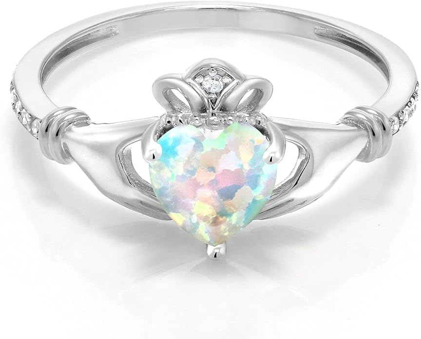 Gem Stone King 10K White Gold 6MM Heart Shape Gemstone Birthstone and White Diamond Irish Celtic Claddagh Engagement Ring | Gold Ring For Women | Available In Size 5, 6, 7, 8, 9