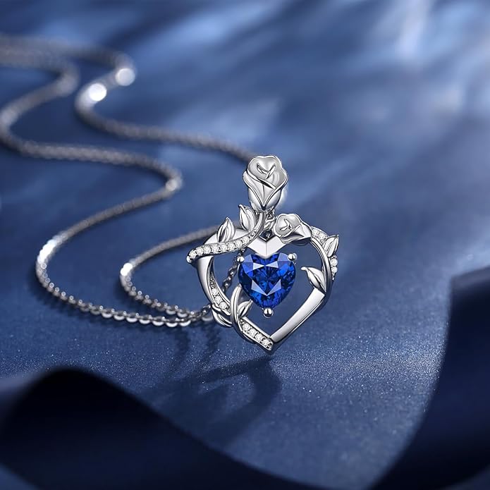 AGVANA Rose Birthstone Necklace for Women Sterling Silver Rose Flower Heart Necklace Fine Jewelry Anniversary Birthday Gifts for Women Wife Mom Her, Length: 18"+2"