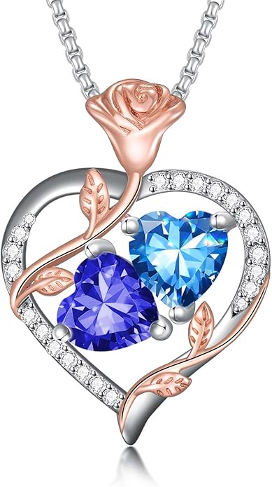 Jewelry for Her Double Heart Rose Birthstone Pendant Necklace Anniversary Jewelry Christmas Birthday Gifts for Women Wife Girlfriend