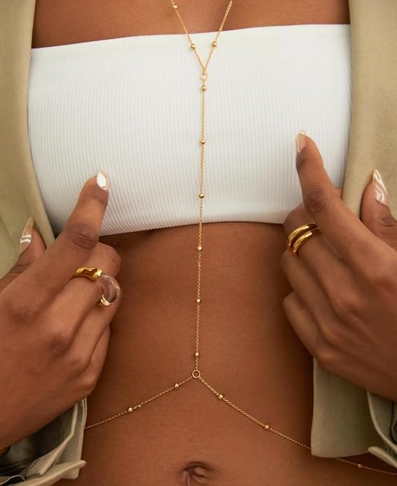 14K Gold Body Chains for Women, Sexy Layered Belly Waist Chain Bikini Bra Chain, Summer Beach Rhinestone Body Jewelry