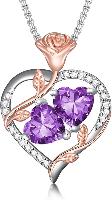 Jewelry for Her Double Heart Rose Birthstone Pendant Necklace Anniversary Jewelry Christmas Birthday Gifts for Women Wife Girlfriend