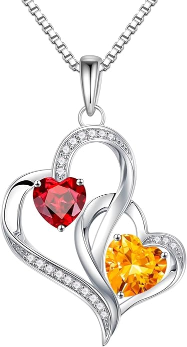 Iefil Birthstone Necklace for Women - 925 Sterling Silver Double Birthstone Heart Necklace | Anniversary Birthday Gifts for Women | Personalized Gifts | Jewelry Gifts for Wife Mom Girlfriend