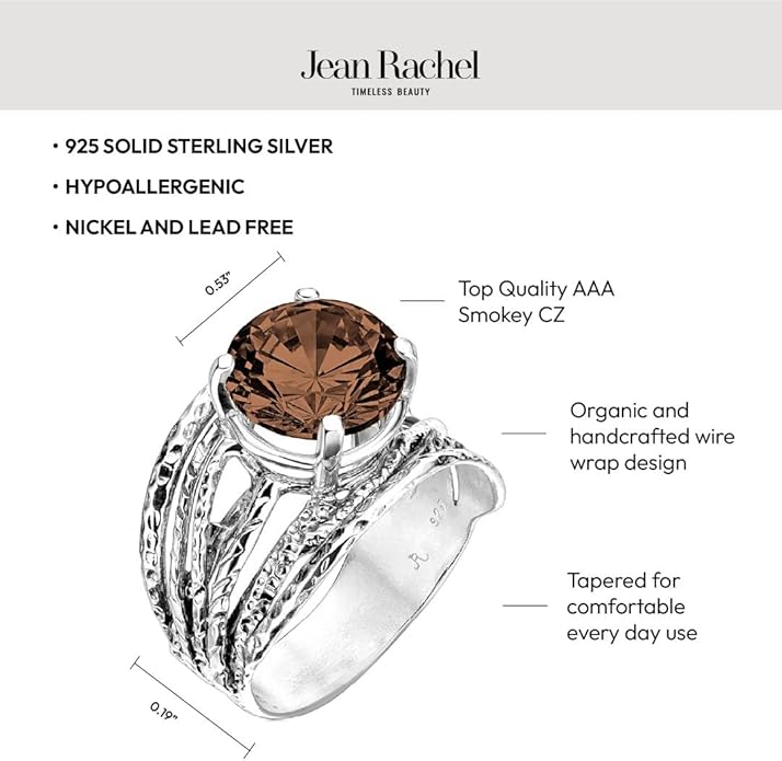 JEAN RACHEL JEWELRY 925 Sterling Silver Ring - Wrap Vintage Design with Prong Set Round Cubic Zirconia - Hypoallergenic, Lead & Nickel Free - Artisan Handcrafted Statement Rings for Women