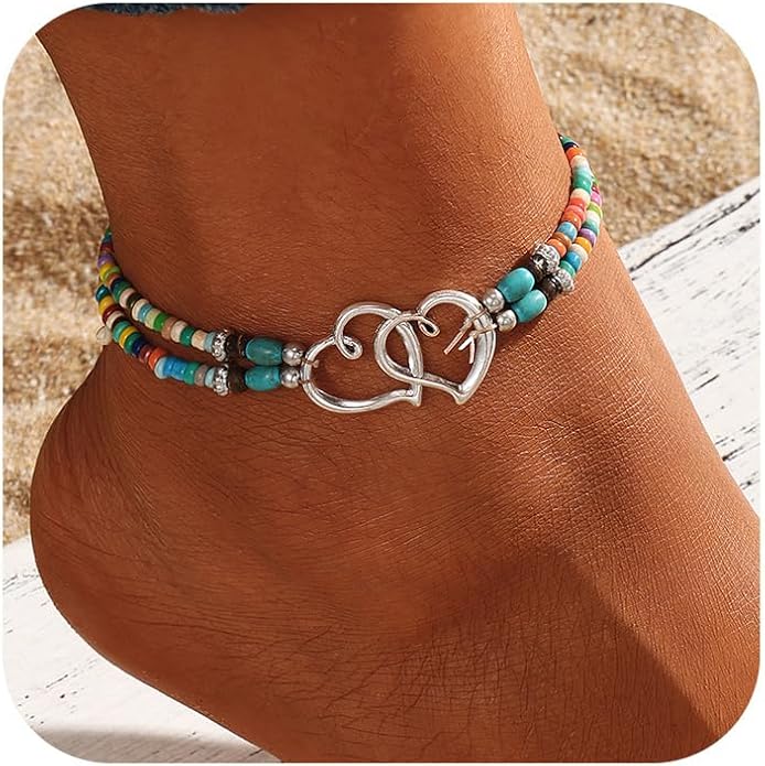 Shell Ankle Bracelet Set for Women, Gold Boho Bead Adjustable Anklet, Hawaiian Beach Seashell Pearl Heart Starfish Conch Foot Jewelry Gifts