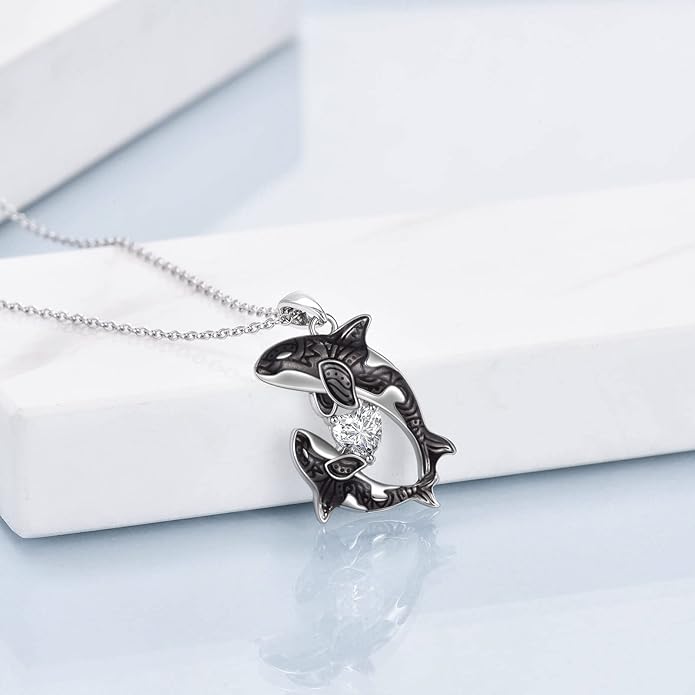 POPLYKE Killer Whale Orca Necklace Sterling Silver Ocean Jewelry Gifts for Women Mom Daughter
