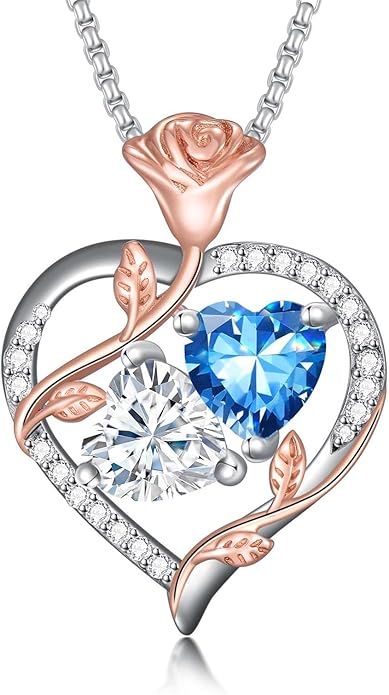 Jewelry for Her Double Heart Rose Birthstone Pendant Necklace Anniversary Jewelry Christmas Birthday Gifts for Women Wife Girlfriend