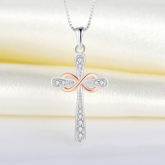 YL 925 Sterling Silver Cross Necklace for Women Halo Infinity Pendant Birthstone Jewelry for Mom
