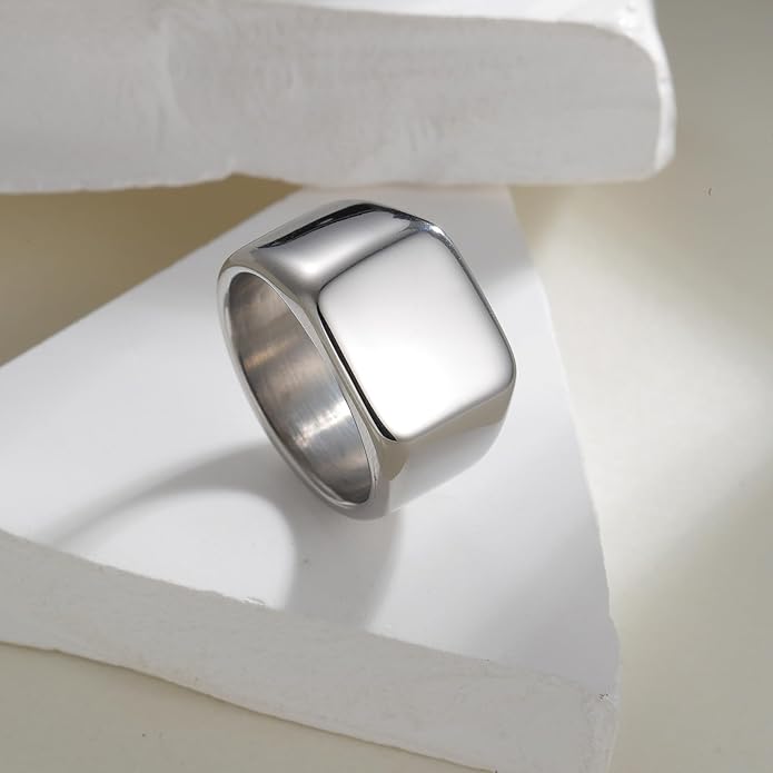 Mens Signet Rings Stainless Steel Pinky Ring for Men Women Silver/Black/Gold Square Cool Finger Ring, Gift for Dad Husband