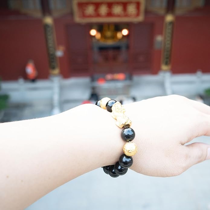 24K Gold Plated PiXiu Dragon Bracelet Feng Shui Bracelet, Obsidian Bracelet Dragon Protection for Men Women, Meditation Prayer Beads Bracelets Meaning to Attract Wealth and Good Luck(12mm)