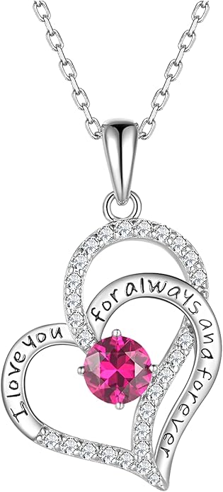 Heart Birthstone Silver Necklace for Women, S925 Sterling Silver Pendant Necklace Birthday Jewelry Gifts for Her Mother Mom Wife Girlfriend