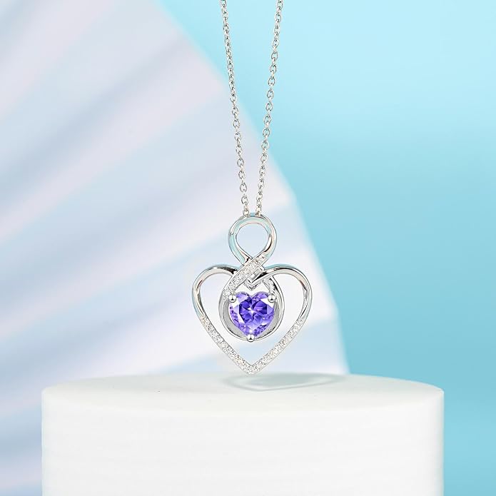 Heart Necklace for Women, 925 Silver Necklace with Infinity Heart Pendant, Personalized Birthstone Necklace Anniversary Birthday Gifts for Wife, Girlfriend, Mom
