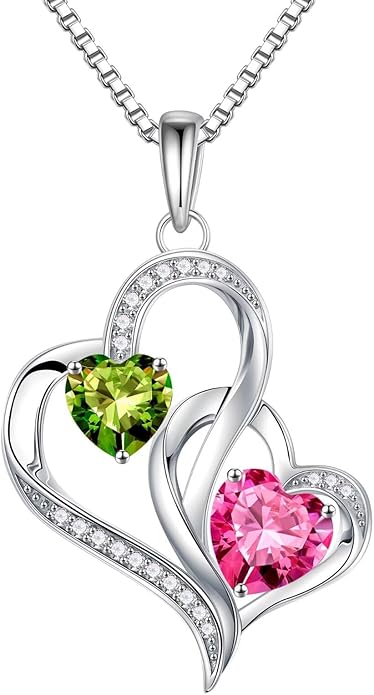 Iefil Birthstone Necklace for Women - 925 Sterling Silver Double Birthstone Heart Necklace | Anniversary Birthday Gifts for Women | Personalized Gifts | Jewelry Gifts for Wife Mom Girlfriend