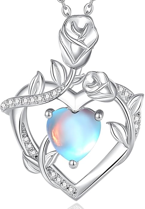 AGVANA Rose Birthstone Necklace for Women Sterling Silver Rose Flower Heart Necklace Fine Jewelry Anniversary Birthday Gifts for Women Wife Mom Her, Length: 18"+2"