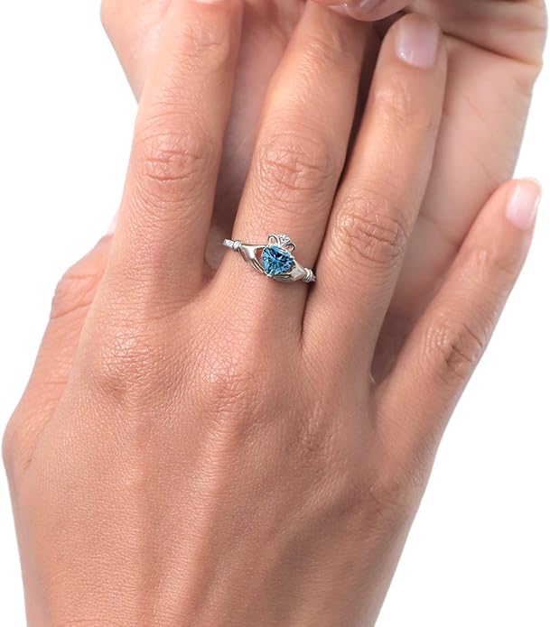 Gem Stone King 10K White Gold 6MM Heart Shape Gemstone Birthstone and White Diamond Irish Celtic Claddagh Engagement Ring | Gold Ring For Women | Available In Size 5, 6, 7, 8, 9