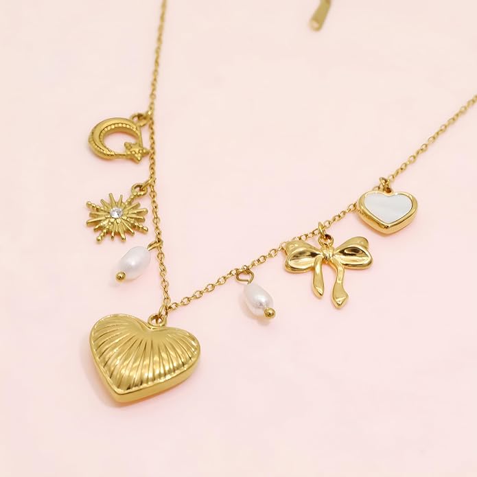 Chunky Retro Heart Necklace for Women Antique Layer Beach Ocean Moon Stars Western Boho Charm Necklaces Retro Link Chain Jewelry