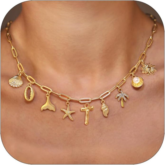 Initial Charm Necklace For Women Shell Letter Necklaces Gold Charms Pendant Boho Summer Seashell Beach 14k Starfish Surfer Jewelry Gifts