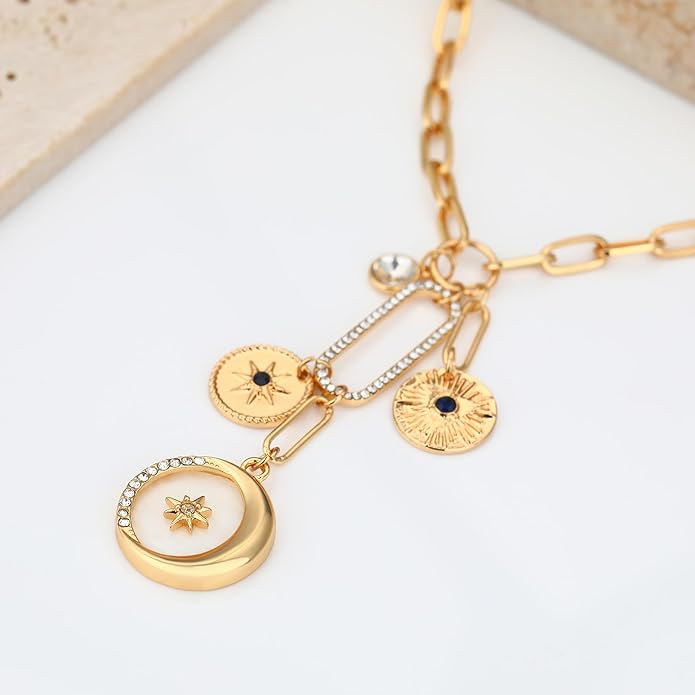 Charm Necklace for Women Gold Evil Eye Sun Moon Flower Coin Pendant Necklace Dainty Paperclip Chain Vintage Luck Amulet Choker Necklaces Celestial Jewelry Gift