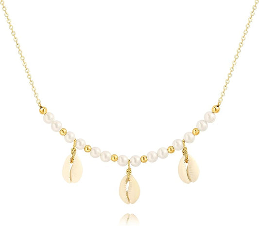18k Gold Chain Link Necklace for Women, Baroque Pearl/Compass Pendant Necklace