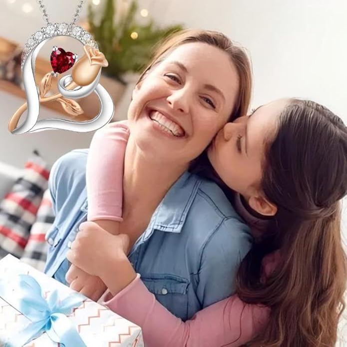 Rose Flower Heart Birthstone Necklaces for Women, 925 Sterling Silver Anniversary Jewelry, Pendant Heart Necklaces Birthday Anniversary Christmas Gift for Women Wife Mom Girlfriend Lady