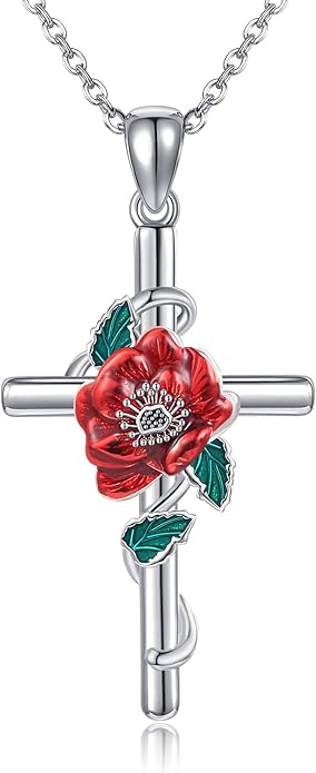 Flower Cross Necklace 925 Sterling Silver Carnation/Rose/Lily/Daisy Cross Necklace Birth Flower Jewelry for Women