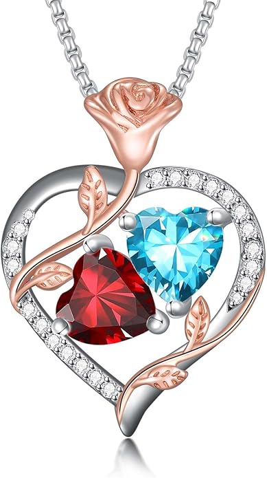 Jewelry for Her Double Heart Rose Birthstone Pendant Necklace Anniversary Jewelry Christmas Birthday Gifts for Women Wife Girlfriend