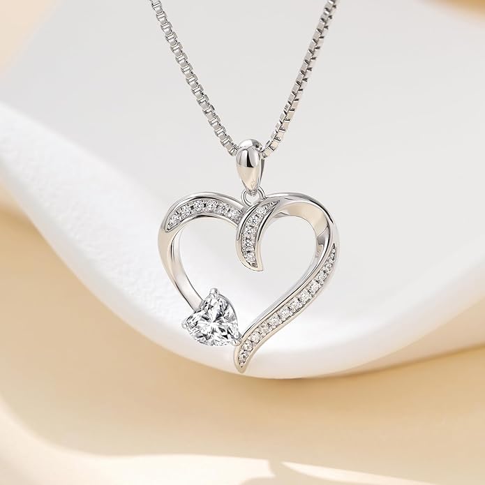 Love Heart Necklace for Women, 925 Sterling Silver Cubic Zirconia Diamond Heart Pendant Jewelry Gift for Mom, Mother, Wife, Girlfriend on Wedding, Birthday, Mother's Day, Chain 18 inch