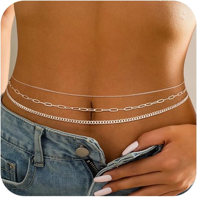 CHESKY Gold Waist Chain for Women, 14K Gold Plated Silver Layered Belly Belt Chains Sexy Bikini Beach Waist Beads Chain Waterproof Snake Pearl Cuban Body Chain Summer Jewelry Accessories for Women