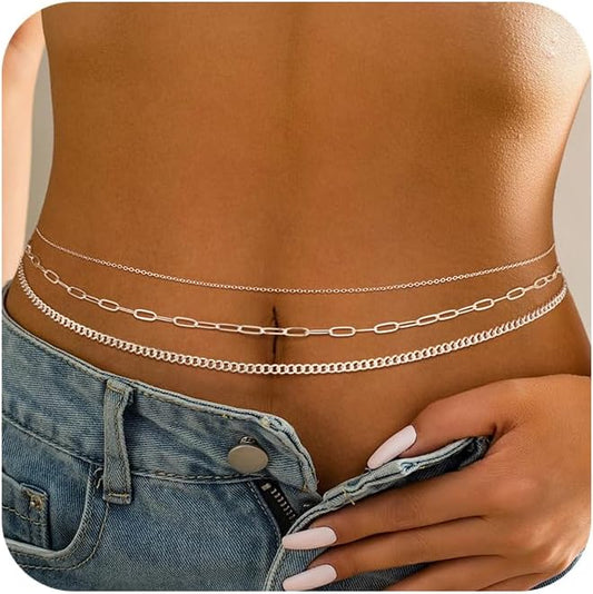 CHESKY Gold Waist Chain for Women, 14K Gold Plated Silver Layered Belly Belt Chains Sexy Bikini Beach Waist Beads Chain Waterproof Snake Pearl Cuban Body Chain Summer Jewelry Accessories for Women