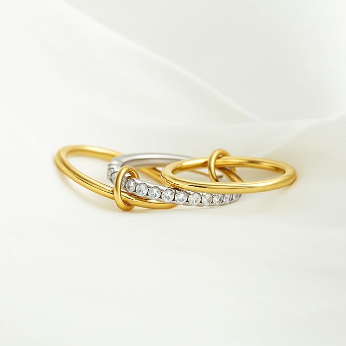 Gold Stackable Rings for Women Non Tarnish, 18k Gold Plated Cubic Zirconia Rings, Silver Gold Multi Ring Mixed Metals Stack Rings Set