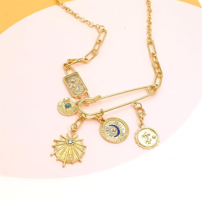 Chunky Retro Heart Necklace for Women Antique Layer Beach Ocean Moon Stars Western Boho Charm Necklaces Retro Link Chain Jewelry