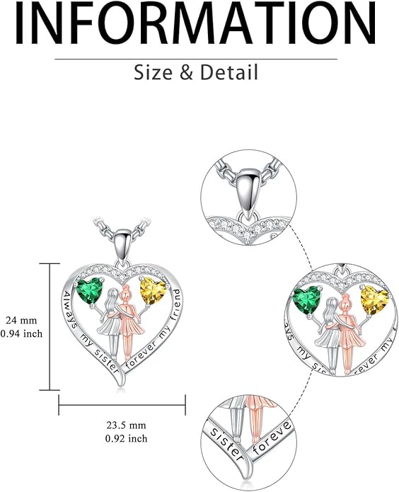Always My Sister Forever My Friend Birthstone Pendant Necklace Women Jewelry Christmas Valentine Mothers Day Birthday Gifts for Women Sister From Sister