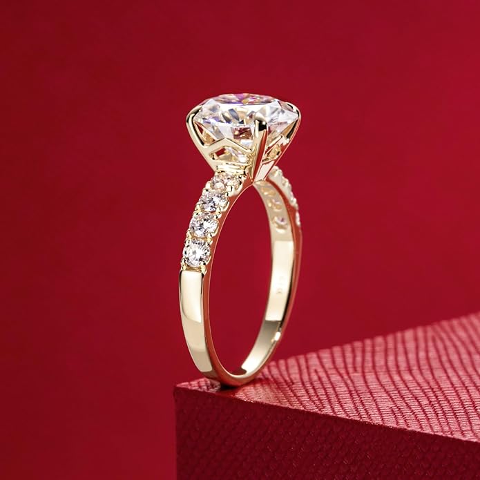 14K Solid Gold Side Stones Ring, Round/Princess Cut Centerpiece Moissanite Lab Grown Created Diamond, D Color and Flawless Real Gold Wedding Anniversary Ring