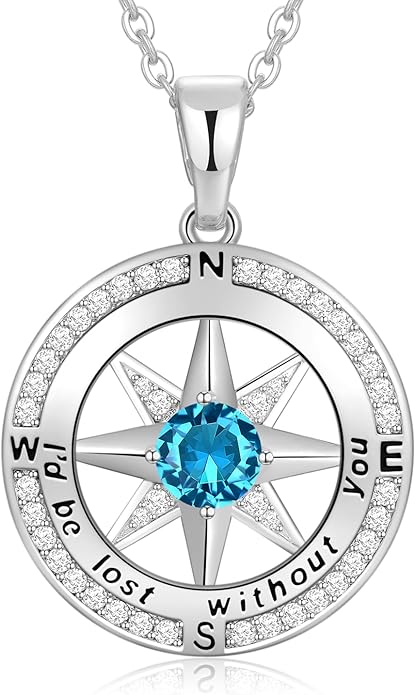 Peeshow Gifts for Women Wife-Compass Birthstone Necklace Gift for Wife Birthday Wedding Anniversary Women Jewelry for Her Girlfriend S925 Sterling Silver