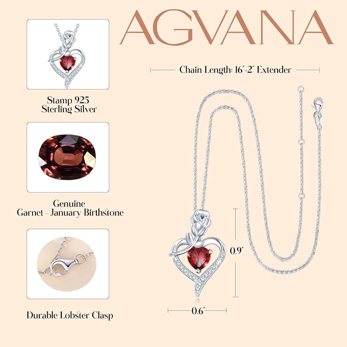 AGVANA Rosy Reverie Birthstone Necklace for Women Sterling Silver Genuine or Created Gemstone Rose Flower Heart Pendant Necklace Anniversary Birthday Gifts for Women Mom Wife Her