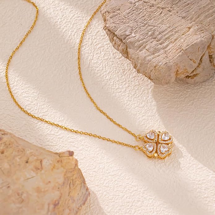 18K Gold Stainless Steel Gold Plated Necklace with Clove Hearts Charm - Can Be Worn Two Ways (Elegant A)