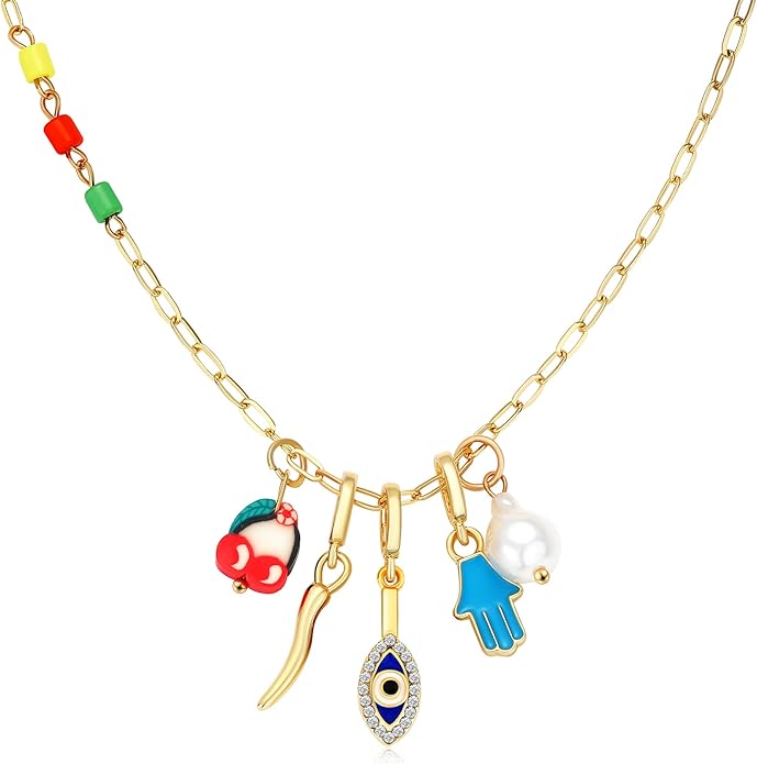 Charm Necklace for Women Gold Evil Eye Sun Moon Flower Coin Pendant Necklace Dainty Paperclip Chain Vintage Luck Amulet Choker Necklaces Celestial Jewelry Gift