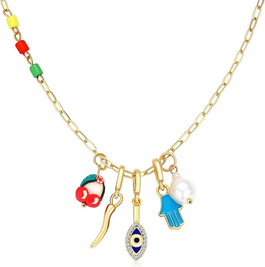 Charm Necklace for Women Gold Evil Eye Sun Moon Flower Coin Pendant Necklace Dainty Paperclip Chain Vintage Luck Amulet Choker Necklaces Celestial Jewelry Gift