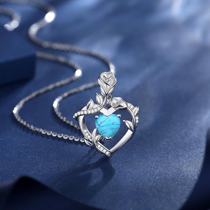 AGVANA Rose Birthstone Necklace for Women Sterling Silver Rose Flower Heart Necklace Fine Jewelry Anniversary Birthday Gifts for Women Wife Mom Her, Length: 18"+2"