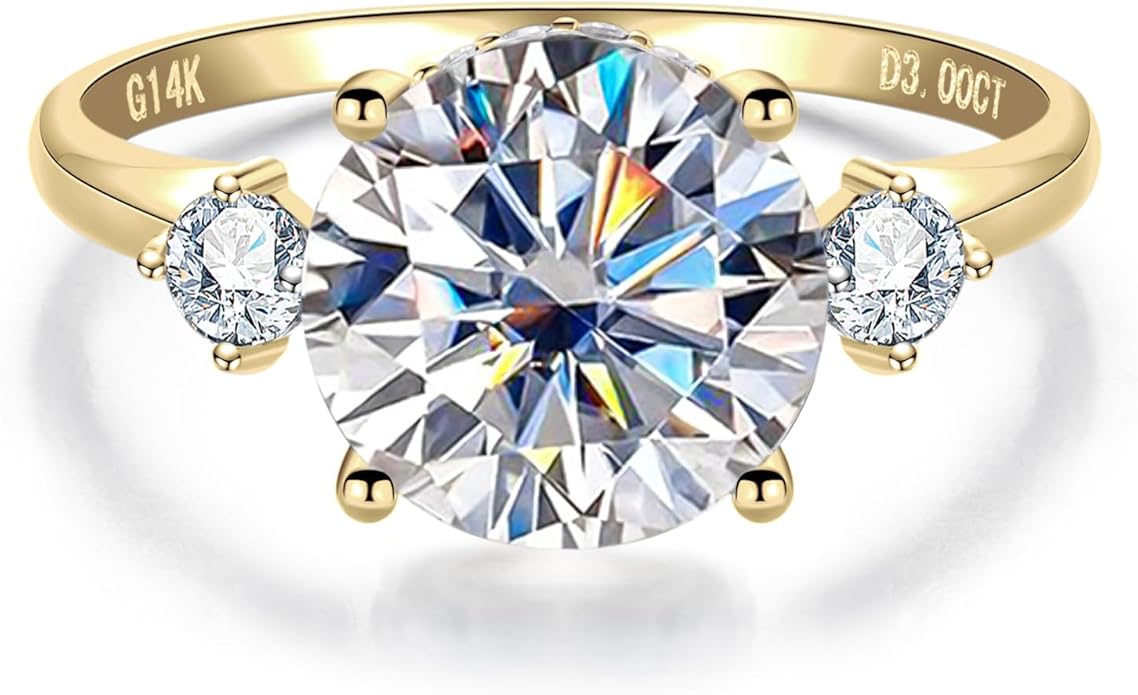 Solid 14K Gold 3.36ct Moissanite Three Stone Rings (3ct Center Stone), Round/Oval/Emerald Shape, Real Gold | D Color and Flawless Moissanite | Wedding Anniversary Ring