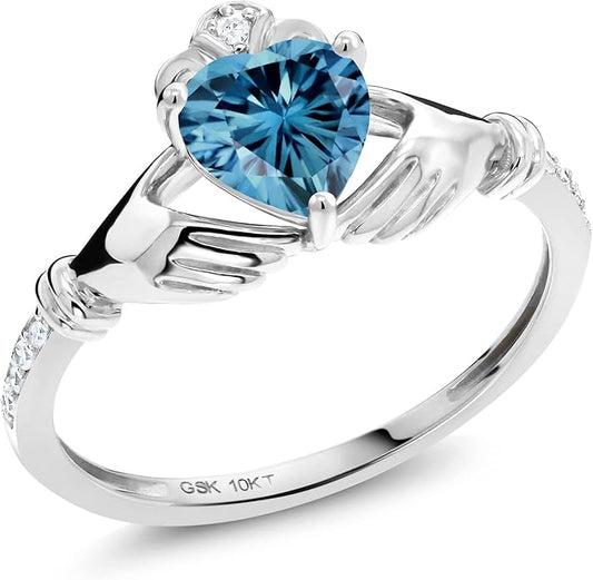 Gem Stone King 10K White Gold 6MM Heart Shape Gemstone Birthstone and White Diamond Irish Celtic Claddagh Engagement Ring | Gold Ring For Women | Available In Size 5, 6, 7, 8, 9