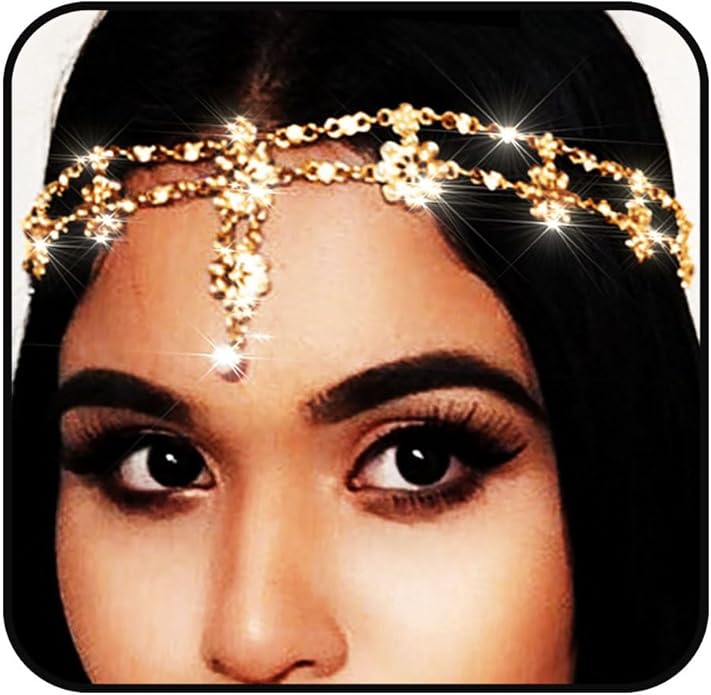 Yalice Indian Flower Head Chain Jewelry Gold Crystal Headband Elastic Goddess Headpieces Rhinestone Wedding Hair Chain Jewelry for Women(Gold-1)