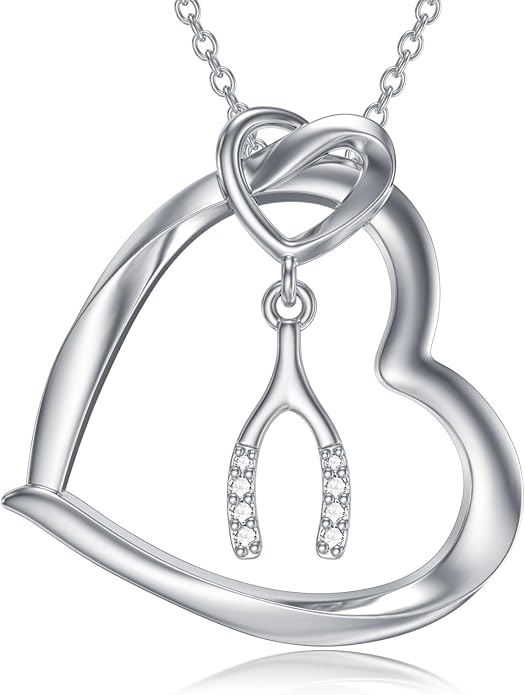 Diamond Heart Wishbone Necklace with Puffed Heart Charm 925 Sterling Silver Wishbone Heart Pendant for Women Jewelry Gifts for Mom
