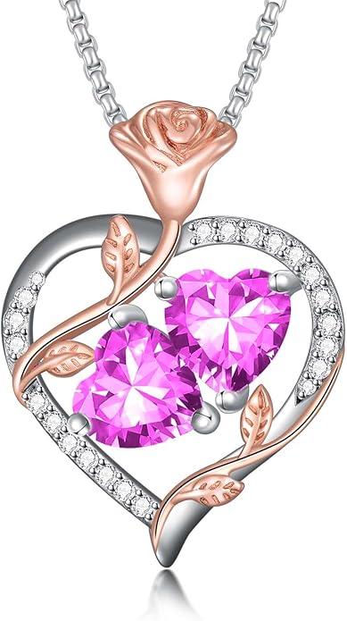 Jewelry for Her Double Heart Rose Birthstone Pendant Necklace Anniversary Jewelry Christmas Birthday Gifts for Women Wife Girlfriend
