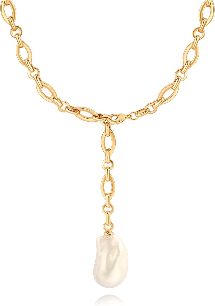 18k Gold Chain Link Necklace for Women, Baroque Pearl/Compass Pendant Necklace